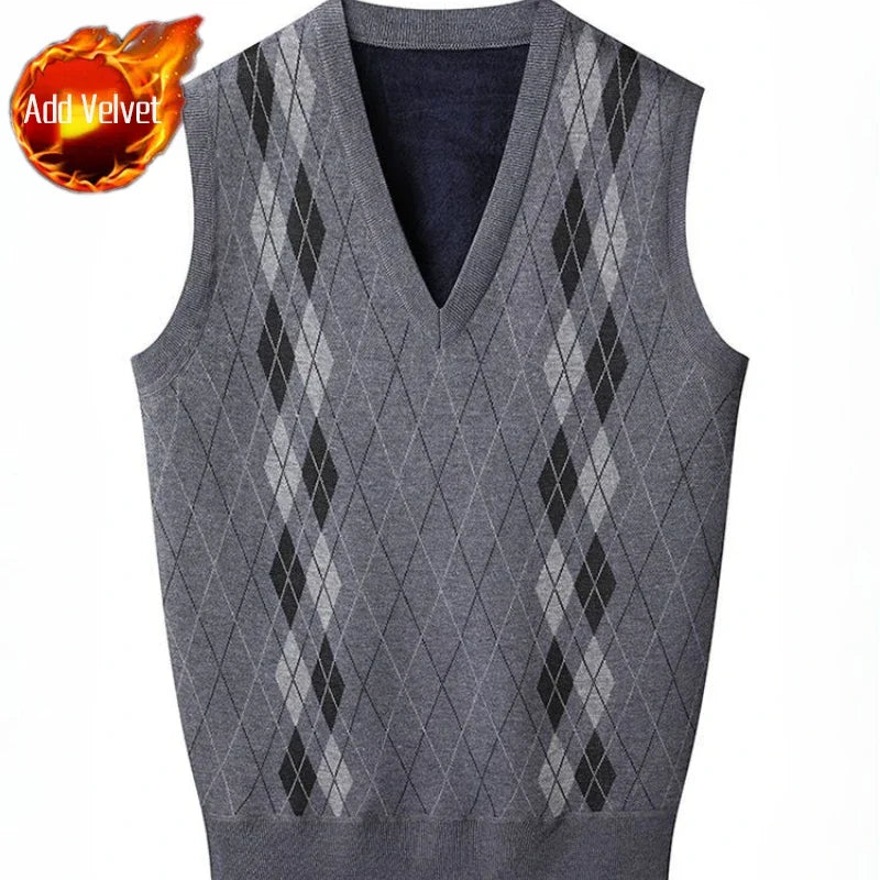 Men'S V-Neck Fleece-Lined Thick Knit Vest Autumn Winter Pullover Warm Waistcoat Cardigan Korean Style Cable Knit Pattern