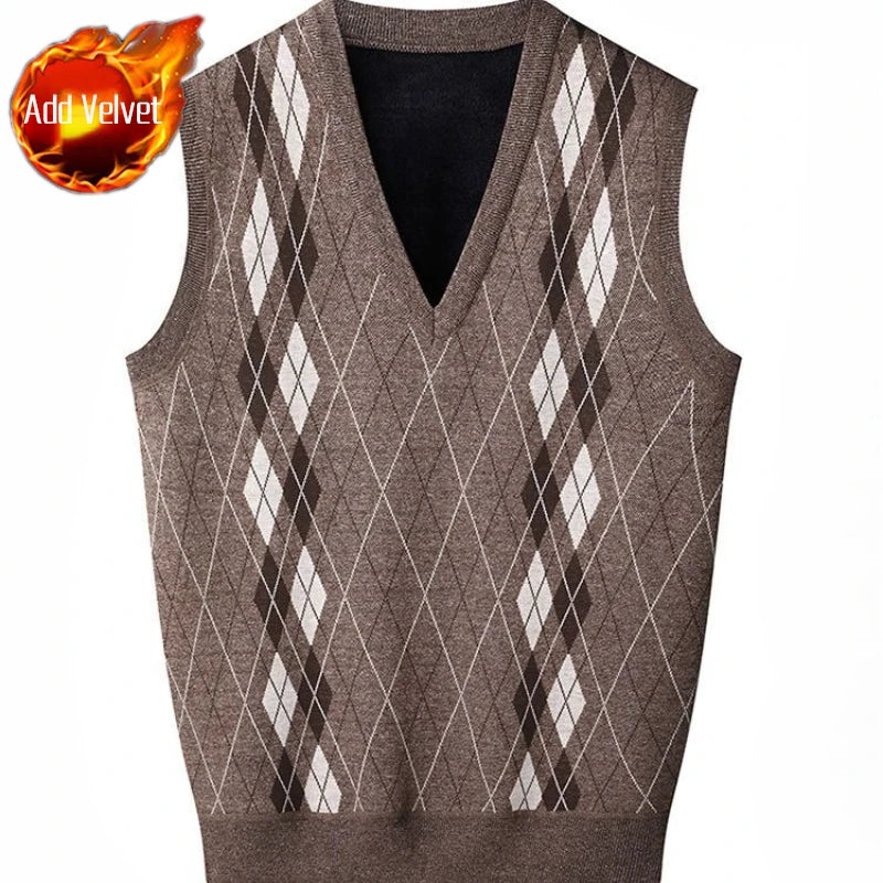 Men'S V-Neck Fleece-Lined Thick Knit Vest Autumn Winter Pullover Warm Waistcoat Cardigan Korean Style Cable Knit Pattern