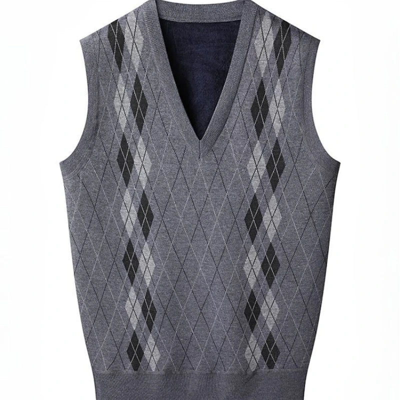Men'S V-Neck Fleece-Lined Thick Knit Vest Autumn Winter Pullover Warm Waistcoat Cardigan Korean Style Cable Knit Pattern