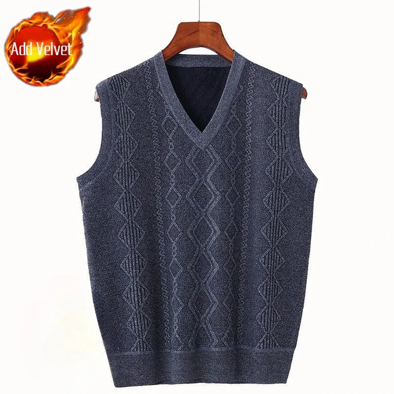 Men'S V-Neck Fleece-Lined Thick Knit Vest Autumn Winter Pullover Warm Waistcoat Cardigan Korean Style Cable Knit Pattern