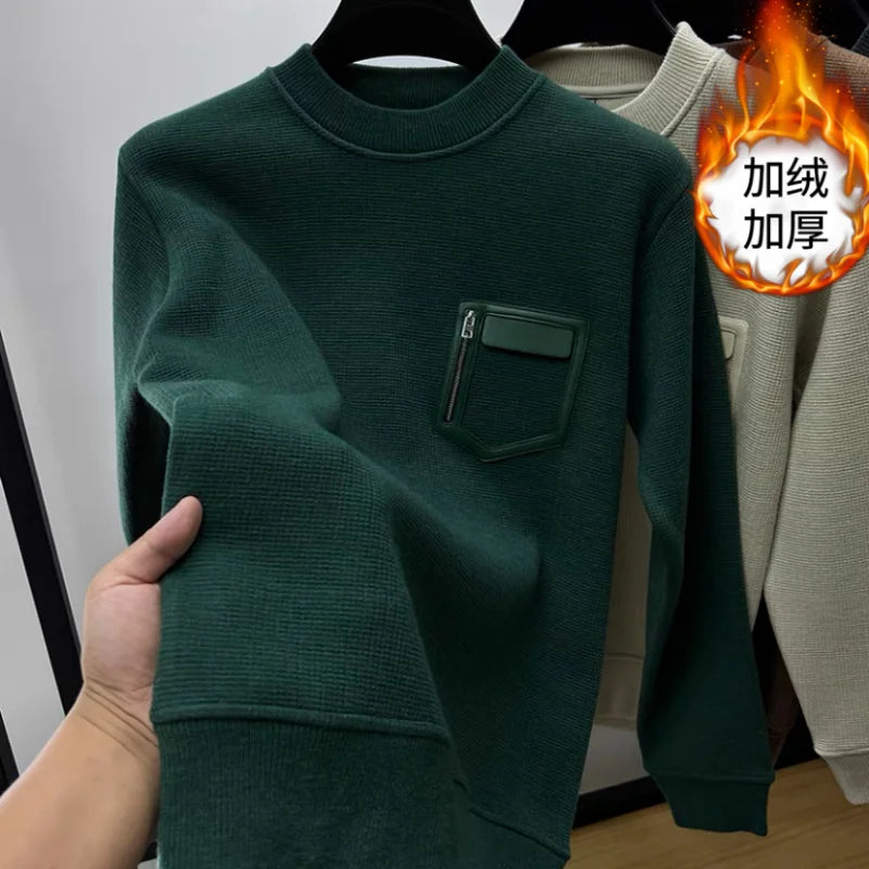 Autumn Winter Men Trendy Vintage Simple Fleece Warm Sweatshirt Y2K Casual Streetwearhoodie Solid Long Sleeve Loose Pullover Tops
