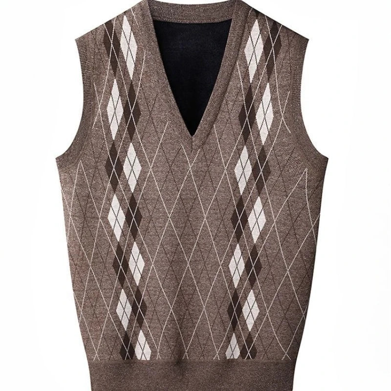 Men'S V-Neck Fleece-Lined Thick Knit Vest Autumn Winter Pullover Warm Waistcoat Cardigan Korean Style Cable Knit Pattern