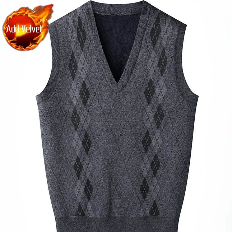 Men'S V-Neck Fleece-Lined Thick Knit Vest Autumn Winter Pullover Warm Waistcoat Cardigan Korean Style Cable Knit Pattern