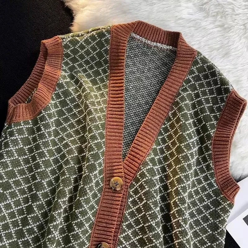 Autumn Trendy Green Retro Knitted Vest Men Cardigan Button V-Neck Neutral Couple Japanese Hong Kong Style Versatile Knitwear