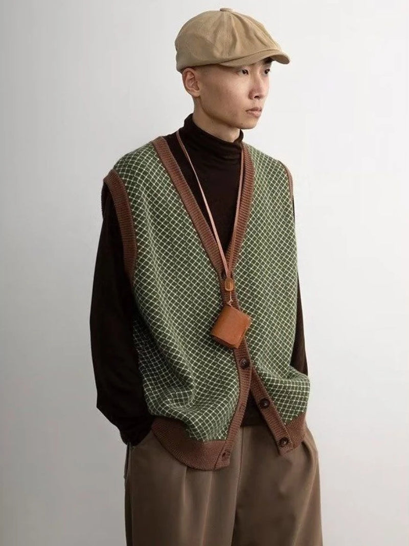 Autumn Trendy Green Retro Knitted Vest Men Cardigan Button V-Neck Neutral Couple Japanese Hong Kong Style Versatile Knitwear