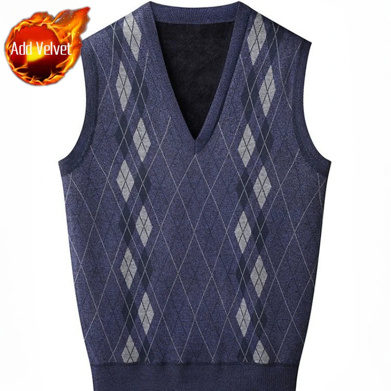 Men'S V-Neck Fleece-Lined Thick Knit Vest Autumn Winter Pullover Warm Waistcoat Cardigan Korean Style Cable Knit Pattern
