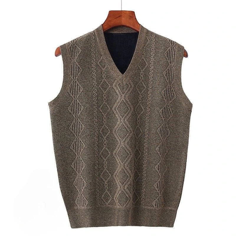 Men'S V-Neck Fleece-Lined Thick Knit Vest Autumn Winter Pullover Warm Waistcoat Cardigan Korean Style Cable Knit Pattern