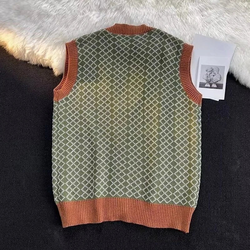 Autumn Trendy Green Retro Knitted Vest Men Cardigan Button V-Neck Neutral Couple Japanese Hong Kong Style Versatile Knitwear