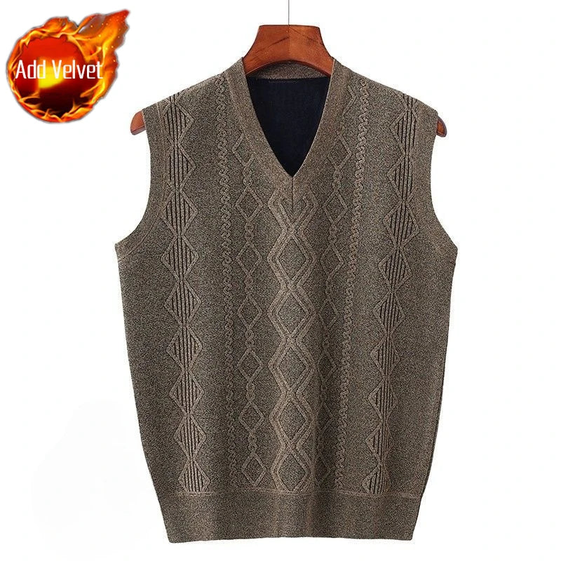 Men'S V-Neck Fleece-Lined Thick Knit Vest Autumn Winter Pullover Warm Waistcoat Cardigan Korean Style Cable Knit Pattern