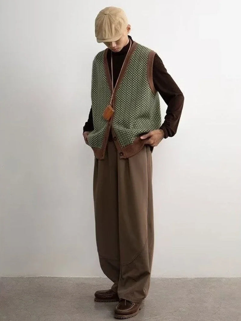 Autumn Trendy Green Retro Knitted Vest Men Cardigan Button V-Neck Neutral Couple Japanese Hong Kong Style Versatile Knitwear