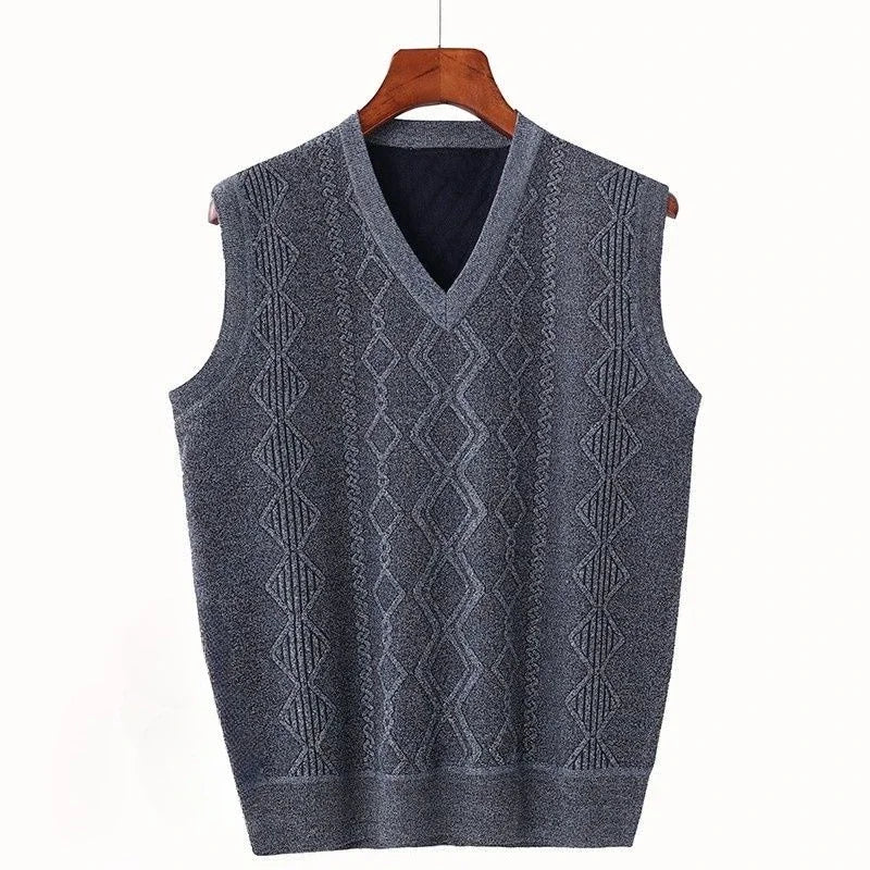 Men'S V-Neck Fleece-Lined Thick Knit Vest Autumn Winter Pullover Warm Waistcoat Cardigan Korean Style Cable Knit Pattern