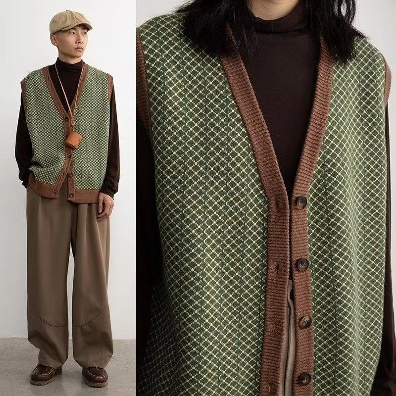 Autumn Trendy Green Retro Knitted Vest Men Cardigan Button V-Neck Neutral Couple Japanese Hong Kong Style Versatile Knitwear