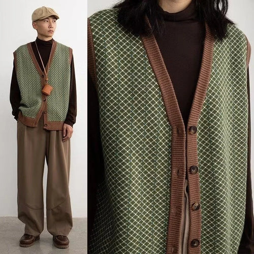 Autumn Trendy Green Retro Knitted Vest Men Cardigan Button V-Neck Neutral Couple Japanese Hong Kong Style Versatile Knitwear