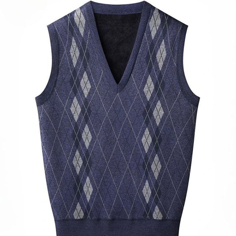 Men'S V-Neck Fleece-Lined Thick Knit Vest Autumn Winter Pullover Warm Waistcoat Cardigan Korean Style Cable Knit Pattern