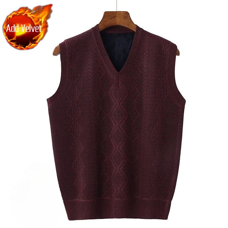 Men'S V-Neck Fleece-Lined Thick Knit Vest Autumn Winter Pullover Warm Waistcoat Cardigan Korean Style Cable Knit Pattern