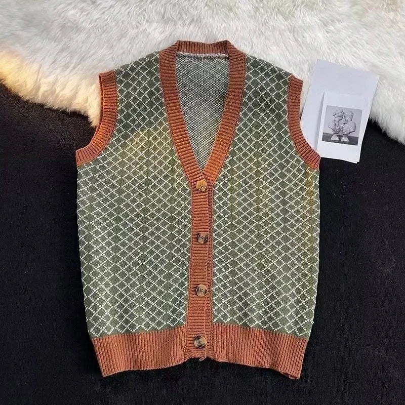 Autumn Trendy Green Retro Knitted Vest Men Cardigan Button V-Neck Neutral Couple Japanese Hong Kong Style Versatile Knitwear