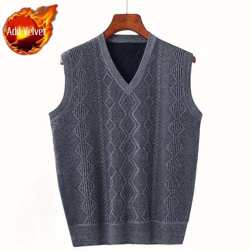 Men'S V-Neck Fleece-Lined Thick Knit Vest Autumn Winter Pullover Warm Waistcoat Cardigan Korean Style Cable Knit Pattern