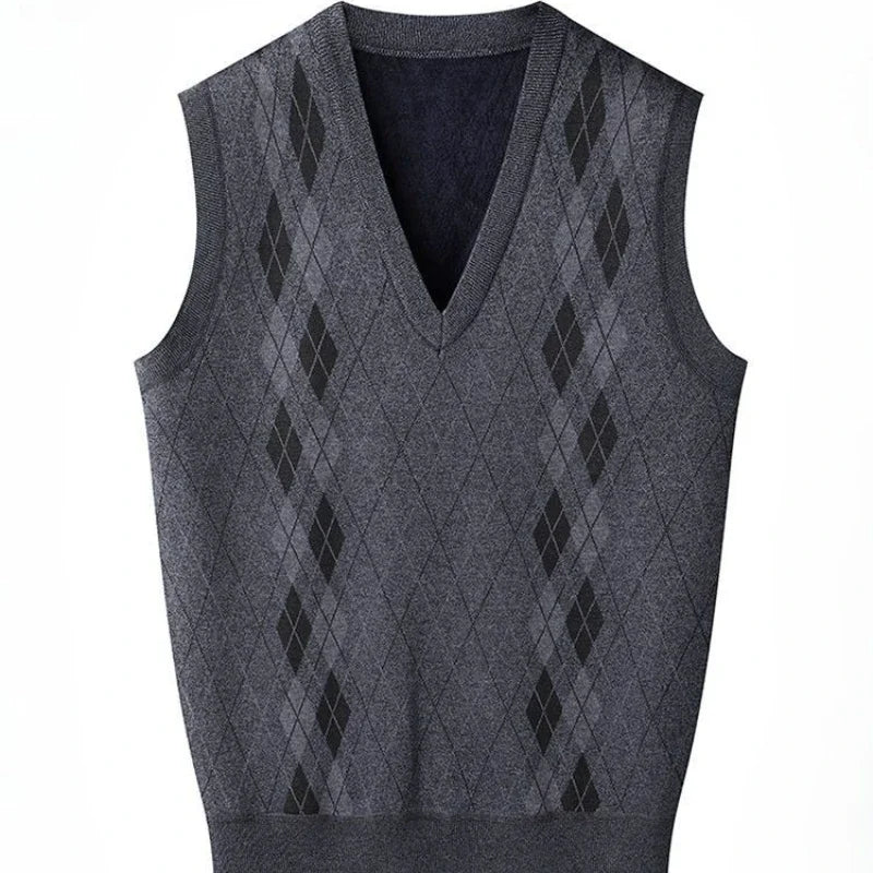 Men'S V-Neck Fleece-Lined Thick Knit Vest Autumn Winter Pullover Warm Waistcoat Cardigan Korean Style Cable Knit Pattern
