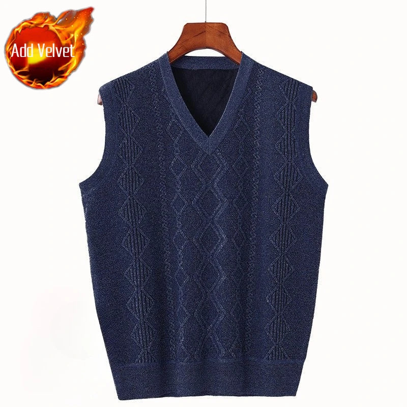 Men'S V-Neck Fleece-Lined Thick Knit Vest Autumn Winter Pullover Warm Waistcoat Cardigan Korean Style Cable Knit Pattern